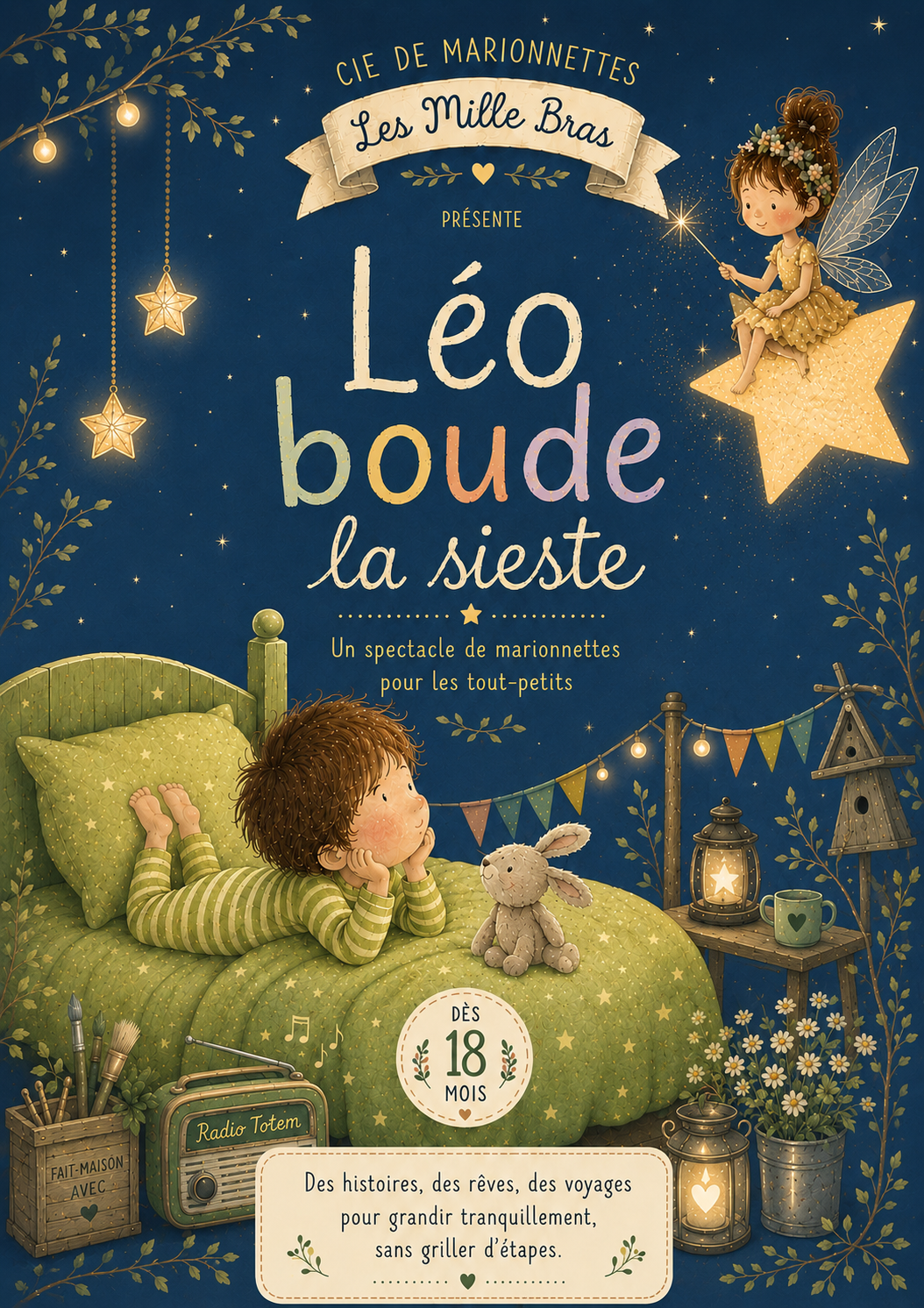 Affiche du spectacle de marionnettes « Léo boude la sieste » : un enfant allongé dans son lit sous un ciel étoilé avec une fée sur une étoile